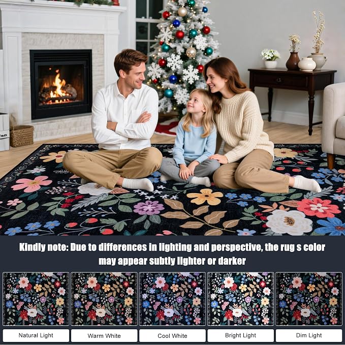 Runner Rug for Entryway: 2.6x14 Kitchen Rugs Non Slip Washable Ultra-Thin Soft Floral Carpet Indoor Floor Stain Resistant Carpets for Hallway Bedroom Kitchen Laundry Bathroom Dorm Black