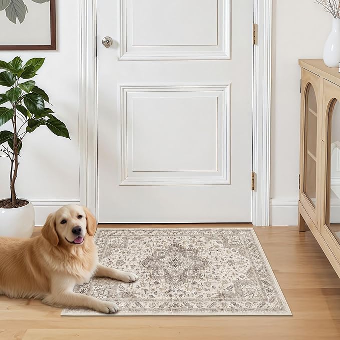 Vintage Living Room Area Rug 2x3 - Large Soft Washable Oriental Traditional Distressed Farmhouse Rugs for Bedroom - Indoor Floor Accent Carpet for Home Office House Decor -Light Brown