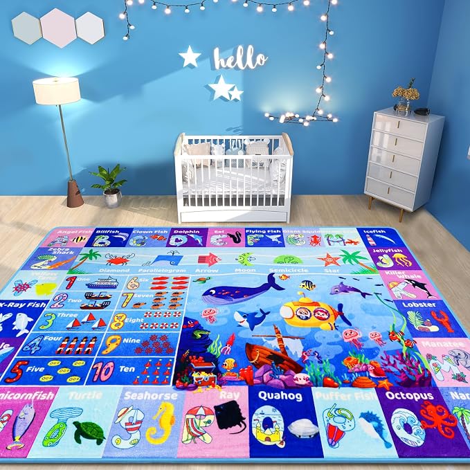Extra-Large 6'7"×10' Ocean World Learning Rug with ABC, Sea Animals, Numbers & Shapes for & Preschoolers, Washable Non-Slip Activity Carpet for Playroom, Nursery, Classroom