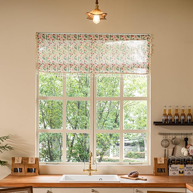 Deeprove Valance Kitchen Curtain Linen Look 18 Inch for Living Room Bedroom Window Treatment Fruits Red Cherry Print Privacy Light Filtering Vintage Rustic Farmhouse Cottagecore Rod Pocket 1 Panel