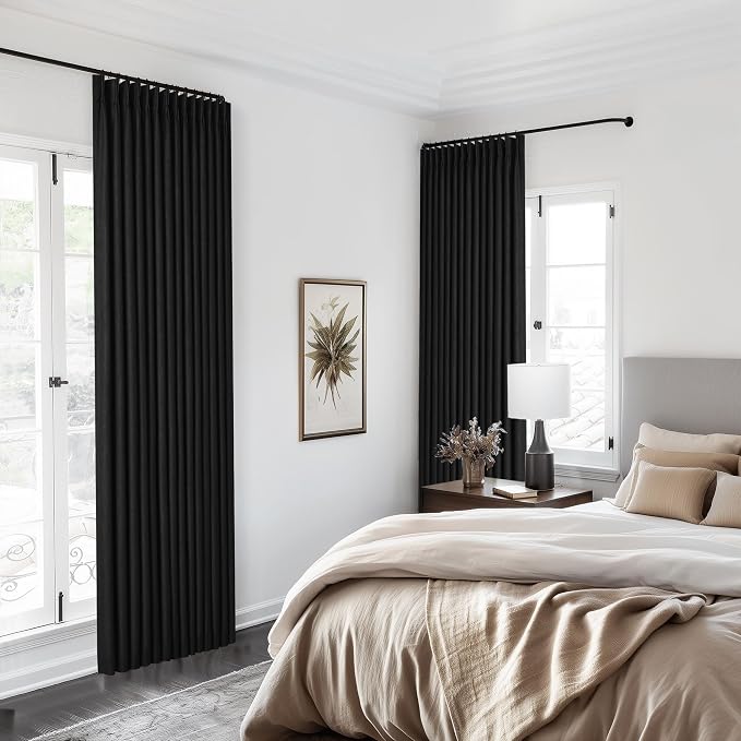 Black Pinch Pleated Linen Blackout Curtains 2 Panels for Living Room Bedroom Thermal Insulated 100% Black Out Linen Drapes with Liner Room Darkening Window Curtains 40x90
