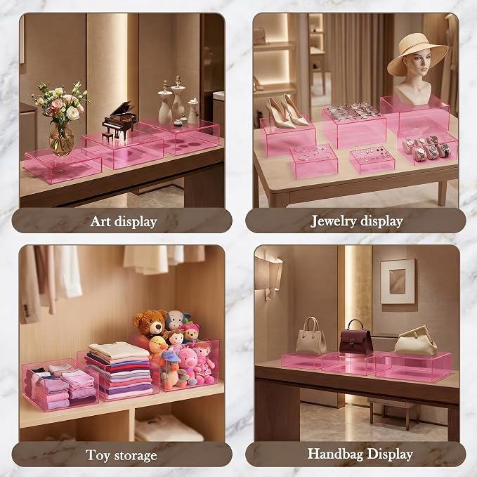Geelin 6 Pack Acrylic Risers for Display Acrylic Cube Boxes Risers Display Stands with Hollow Bottoms Decorative Stand for Jewelry Candy Table Decor 6 Sizes (Clear Pink,7 to 12 Inch,Square)