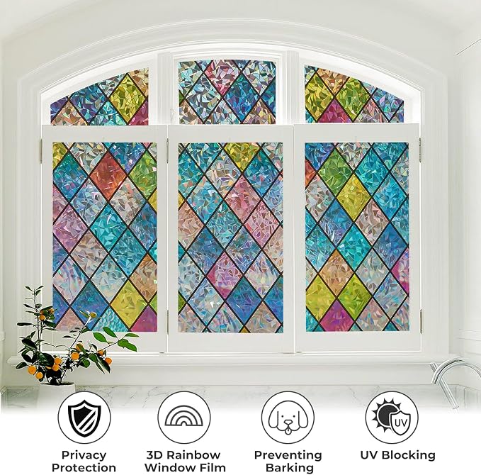 Sunbaby Window Privacy Film Stained Glass, Static Cling Decorative Rainbow Window Cling, Lattice Coverings Decals for Home Door, Non-Adhesive Window Stickers Anti-UV & Heat Control (17.5"x78.7")