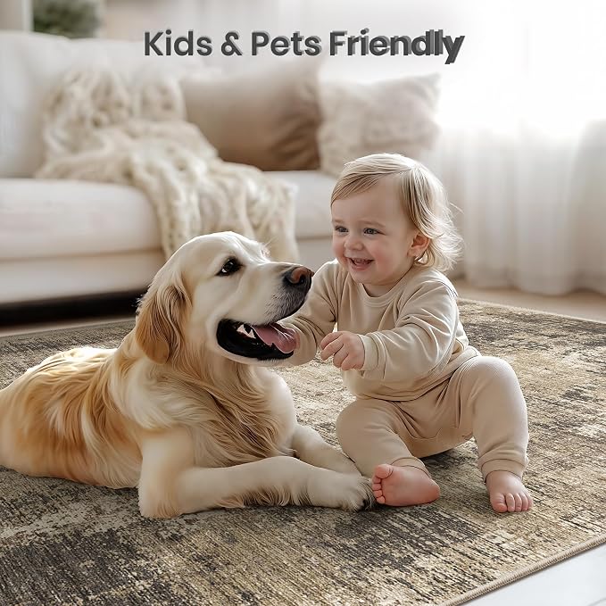 Valenrug Washable Rugs 5x7 - Stain Resistant 5x7 Area Rugs for Living Room, Non Slip Backing Abstract Rugs for Bedroom, Folable Machine Washable Area Rug(5'x7', Taupe)