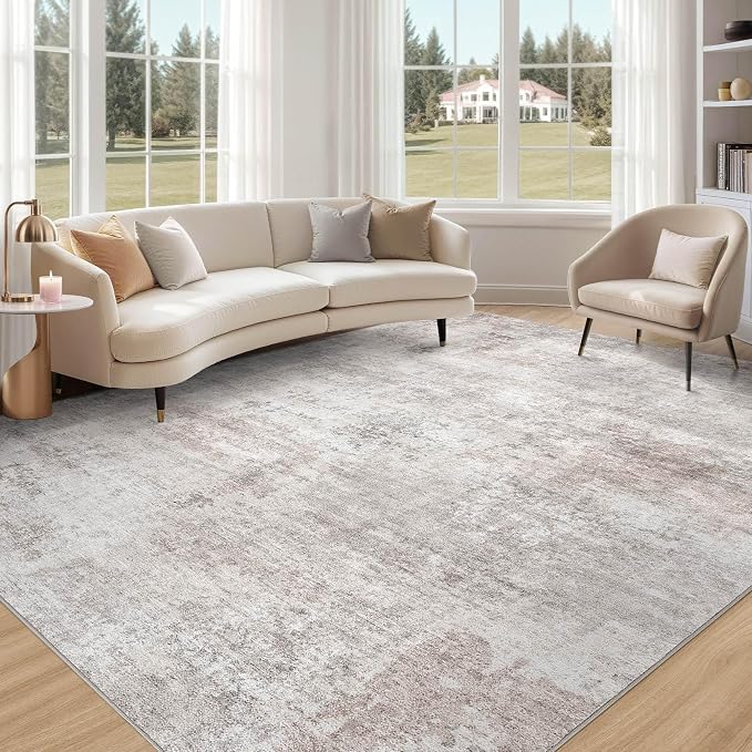 Abstract 8x11 Area Rug: Machine Washable Non Slip Ultra Thin Low-Pile Carpet, Soft Stain Resistant for Living Dining Room Bedroom, Kid Pet Friendly, Robot Vacuum Compatible - Brown Grey