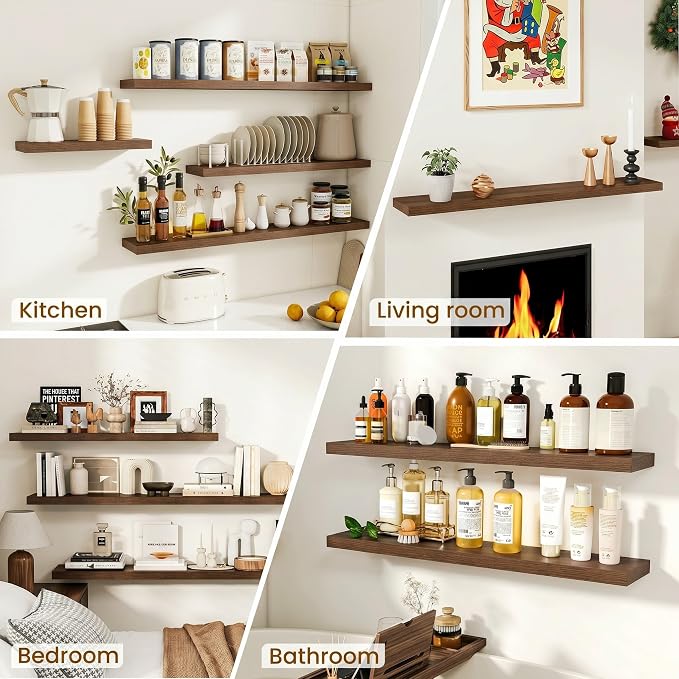 Dreamland 72Inch Floating Shelves for Wall, Rustic Wooden Walnut Floating Shelves for Living Room, Kitchen, Farmhouse, Deep Wall Mounted Book Shelf, Wood Storage Display Shelf for Home Decor, Set of 2