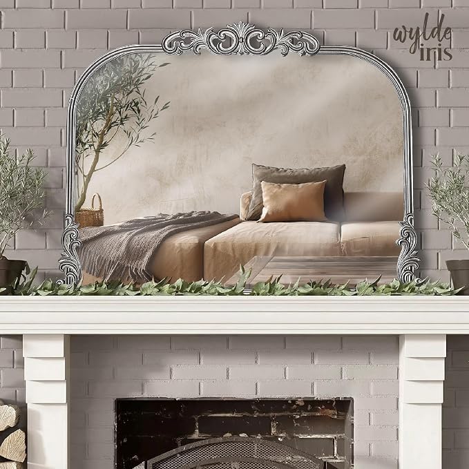 Wylde Iris English Estate Carved Arch Wood Wall Mirror, Mirror for Entryway, Living Room, Bathroom, Antique Silver, 30.6x41