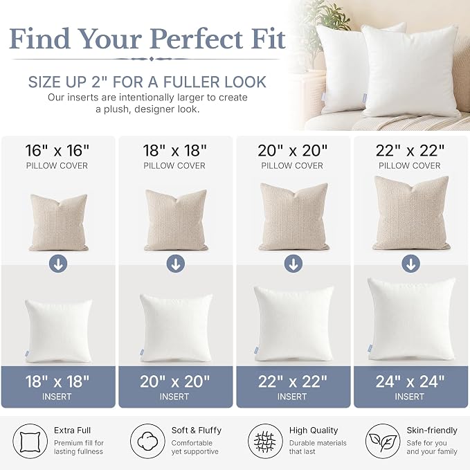 Leeden 12x20 Pillow Insert Set of 2 - Firm and Fluffy Lumbar Pillow Inserts, Rectangle Interior Sofa Pillow Inserts, Decorative Pillow Insert Pair - Beige Couch Pillow