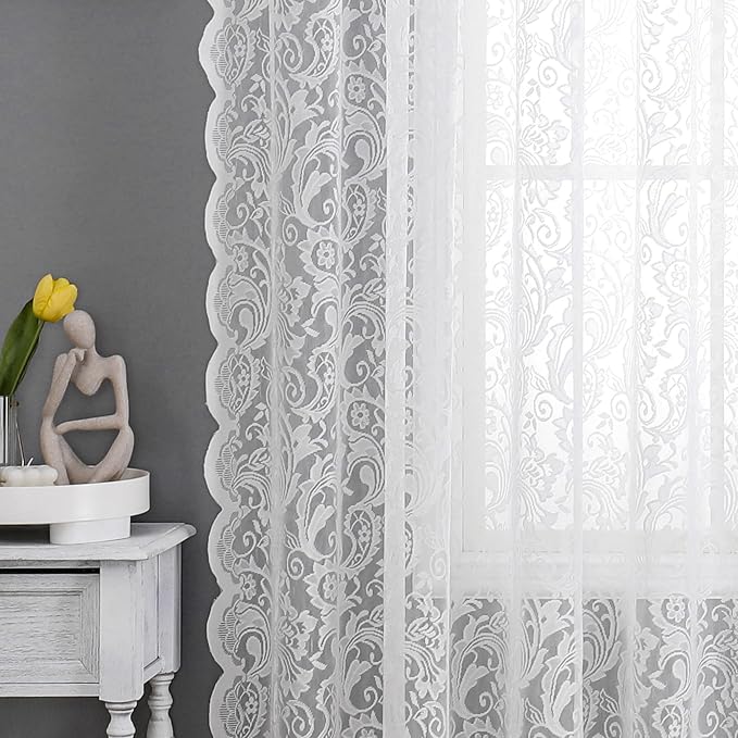 Bujasso White Lace Pinch Pleat Curtains 96 inch,Vintage Floral Sheer Drapes with Hooks & Rings, Victorian Damask Scalloped Edge Light Filtering Window Panels for Bedroom Living Room, 40" Wx96 Lx2