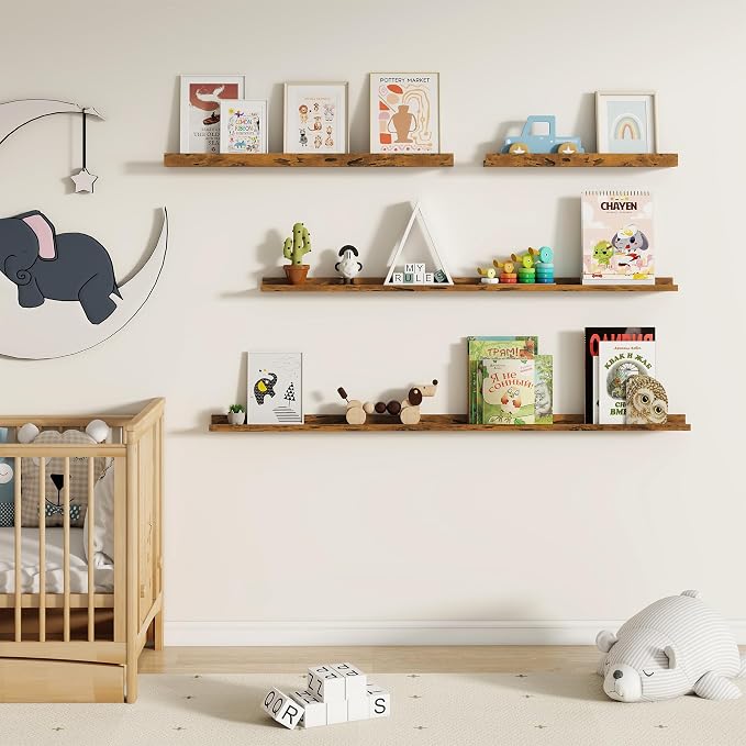 Fun Memories Picture Ledge Shelf, 24 Inch Floating Shelves Set of 2, Nursery Book Shelves for Storage, Bookshelf Wall Mounted for Wall Decor Books Photo Frames, Rustic Brown