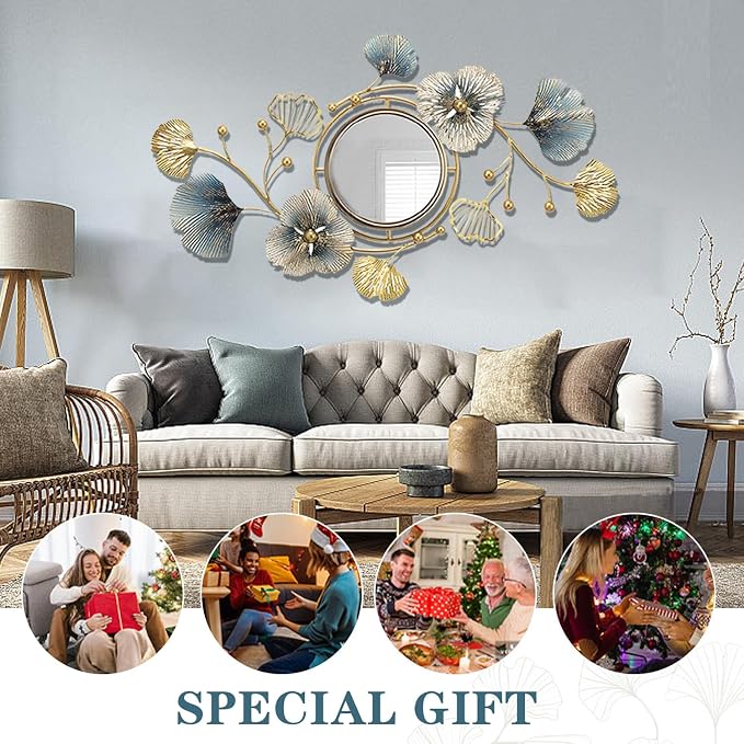 Metal Wall Mirrors Decor, Large Ginkgo Leaf Wall-Mounted Mirrors, Big Wall Decor Mirror, 3D Creative Modern Hanging Wall Mirrors Decorative, for Living Room Bedroom Entryway Bathroom (59X33 Inch)
