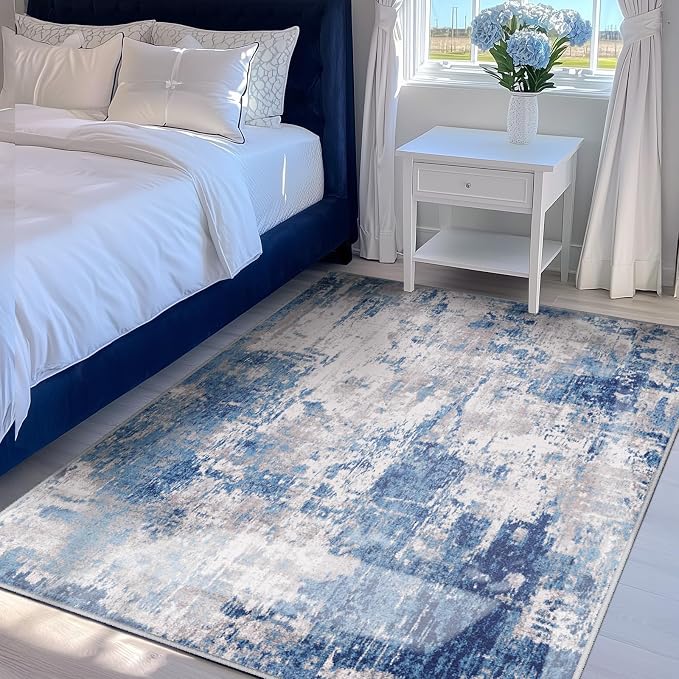 RELEANY Washable Area Rugs 4'x5' Non-Slip Modern Abstract Soft for Living Room Entryway Bedroom Kitchen, Print Pattern, Blue Grey Navy Gray