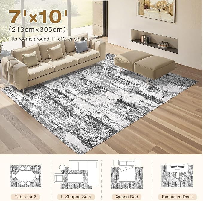 Area Rugs for Living Room: 7x10 Abstract Washable Rug Modern Neutral Large Soft Stain Resistant Non-Slip Backing Machine Table for Bedroom Dining Room Indoor Home Office Carpet - Black Grey