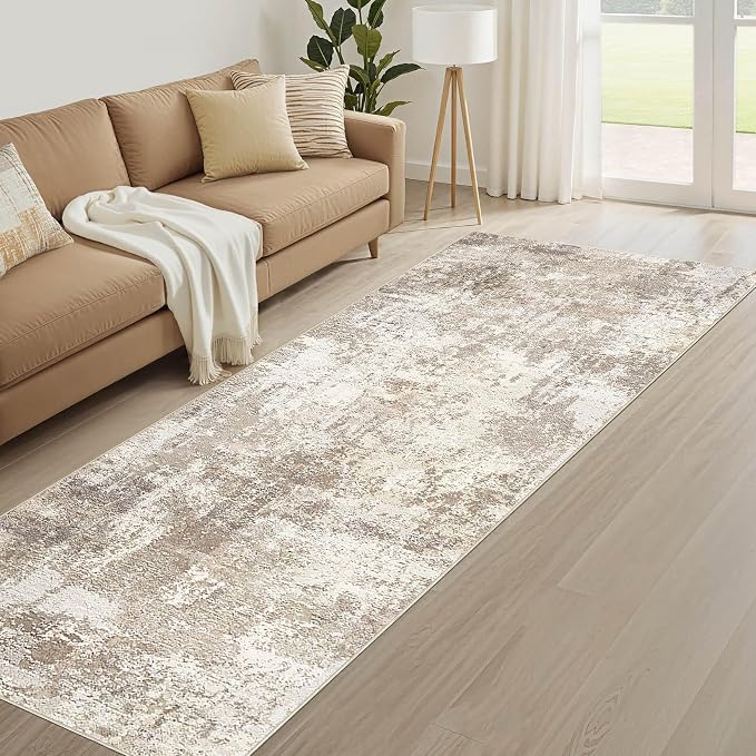 Runner Rug Kitchen Washable Rugs: 2x6 Non-Slip Abstract Soft Modern Stain Resistant Indoor Floor Neutral Accent Throw Carpet for Hallway Bathroom Laundry Room Entryway Bedroom- Beige Brown