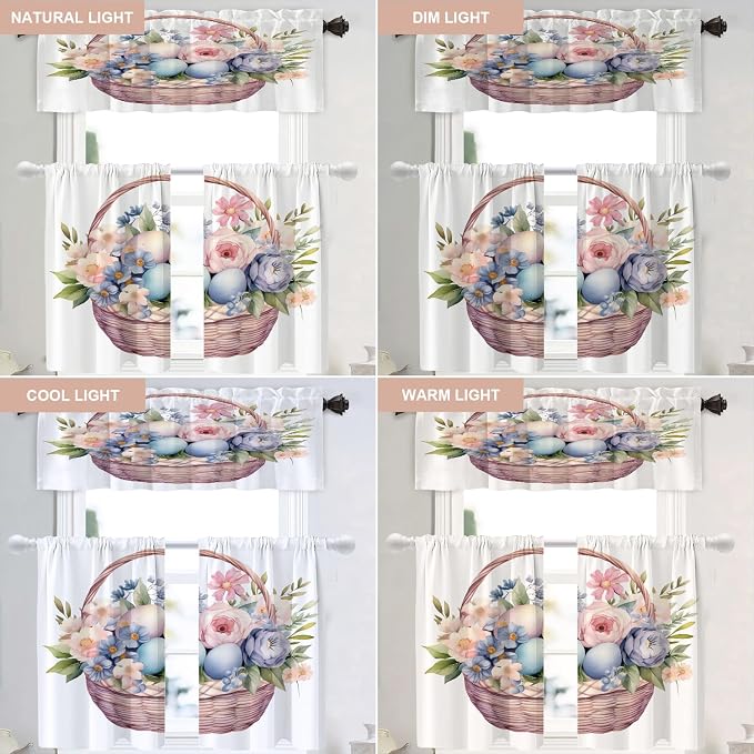 Shrahala Basket Flowers Eggs Blackout Curtain Tiers, A Basket with Floral and Eggs Kitchen Valance Light Blocking Tier Drapes with Rod Pocket, 2 Pack 26 X 36 in