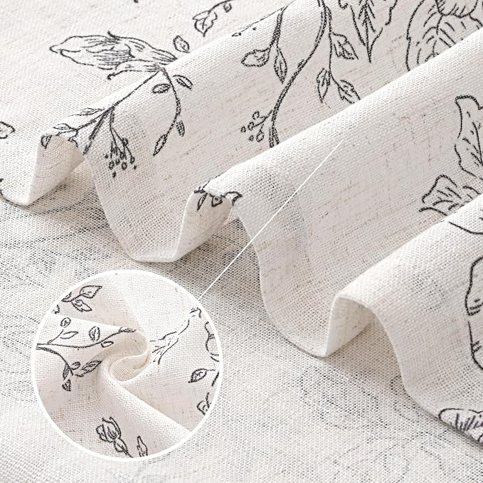 Pinch Pleat Floral Linen Curtains 108 inch Long Black and Cream Memory Trained Curtain Light Filtering Living Room Farmhouse Flower Pattern Printed Pleated Drapes with Hooks 2 Panels 40“W x 108"L