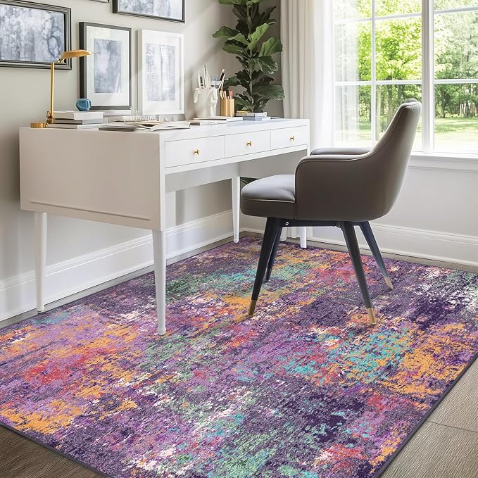 RELEANY Washable Area Rugs 6'x9' Non-Slip Modern Abstract Soft for Living Room Entryway Bedroom Kitchen, Print Pattern, Purple Orange Blue Green Rust Red Colorful