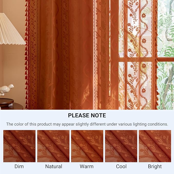 WAZZIO Boho Lace Curtains 108 Inch 2 Panels-Vintage Sheer Panel Drape Floral Pattern & Tassel Light Filtering Privacy for Bedroom Dining Living Room,Cottage Earthy Full Decor Terracotta,W52 x 108L