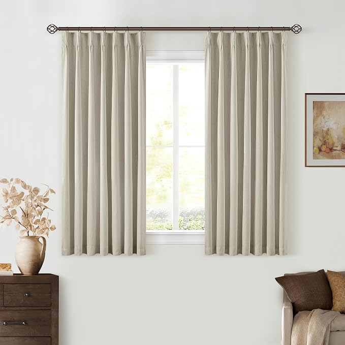 Beige Linen Blackout Curtains 45 Inch Length 2 Panels Pinch Pleated Back Tab Short Curtains for Kitchen with 100% Blackout Liner Neutral Farmhouse Drapes for Basement Thermal Insulated Oatmeal Drape