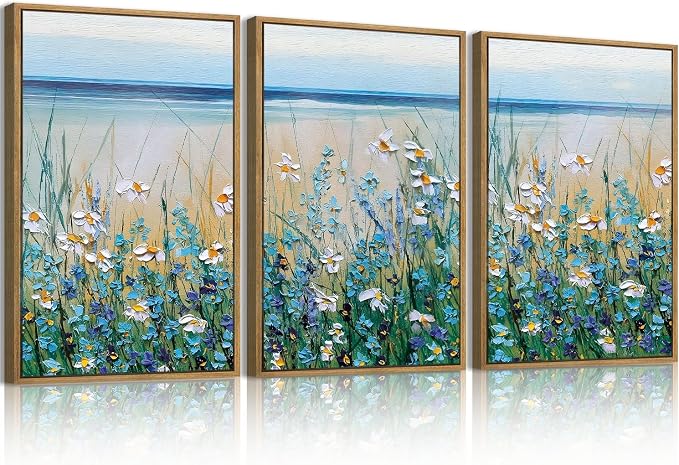 Extra Large Blue Floral Wall Art Framed Wildflower Artwork Blue Floral Wall Pictures Wildflowers Wall Decor for Living Room Bedroom Bathroom Office Blue Flowers Bloom Painting by The Seaside 24x36 Inches Set of 3