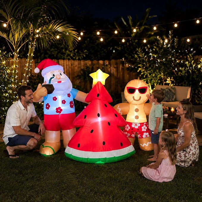 5.7FT Christmas in July Santa Inflatable Outdoor Decoration, Hawaiian Santa with Watermelon Tree and Gingerbread Man, Pre-Lit Blow Up Christmas Yard Decor with LED Lights for Lawn Garden