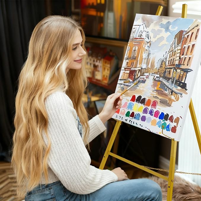 57.1" Tall Gold Easel Stand for Sign, Heavy Duty Folding Metal Easel for Wedding Welcome Sign, Decorative Easel for Mirror, Art, Photo, Adjustable Painting Display 4-Tier Height