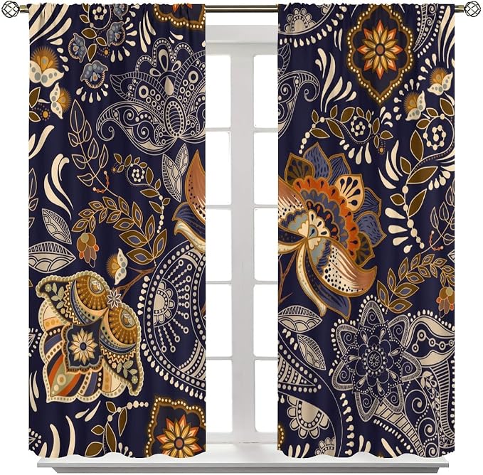 Indian Boho Curtains, Mandala Design Colorful Boho Floral Paisley Curtains, Bedroom Living Room Blackout Decorative Curtains, 2 Panel Set, 55x63 Inch.