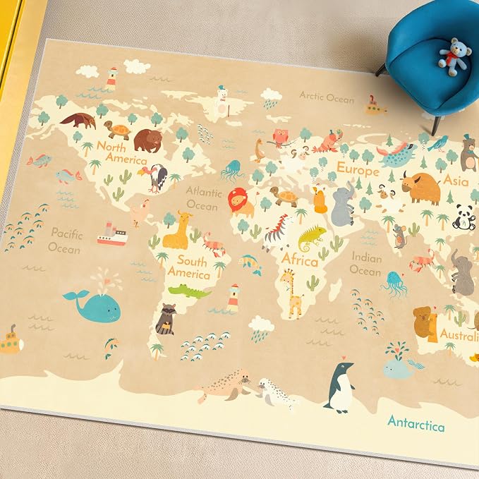 Kids Bedroom Rug with World Map & Animals – 4x6 Educational Washable Area Rug for Playroom, Cute Global Animal, Featuring Continents & Native Wildlife Carpet for Dorm or Classroom - Soft Beige
