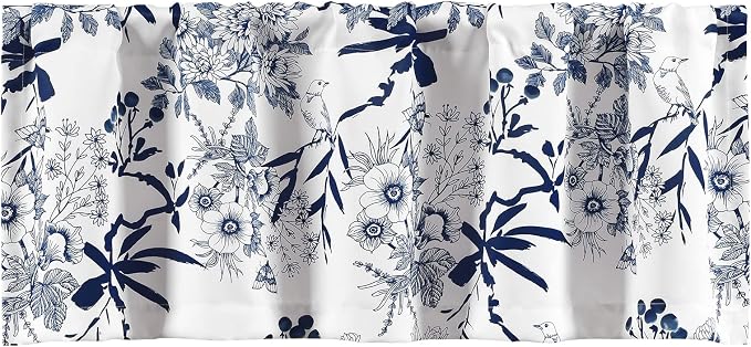 Lush Decor Botanical Garden Curtains Floral Bird Print Light Filtering Window Valance Drapes for Living, Dining, Bedroom, Navy, 52"W x 18L"