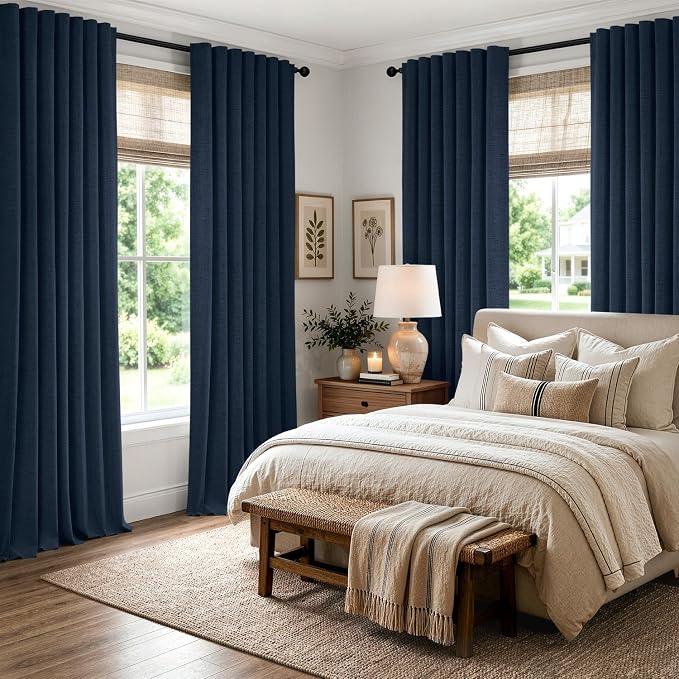 MIULEE 100% Blackout Linen Curtains for Bedroom, Midnight Blue Solid Luxury Decor Thermal Insulation Room Darkening Drapes for Living Room Back Tab Rod Pocket 42 x 96 Inches, 2 Panels