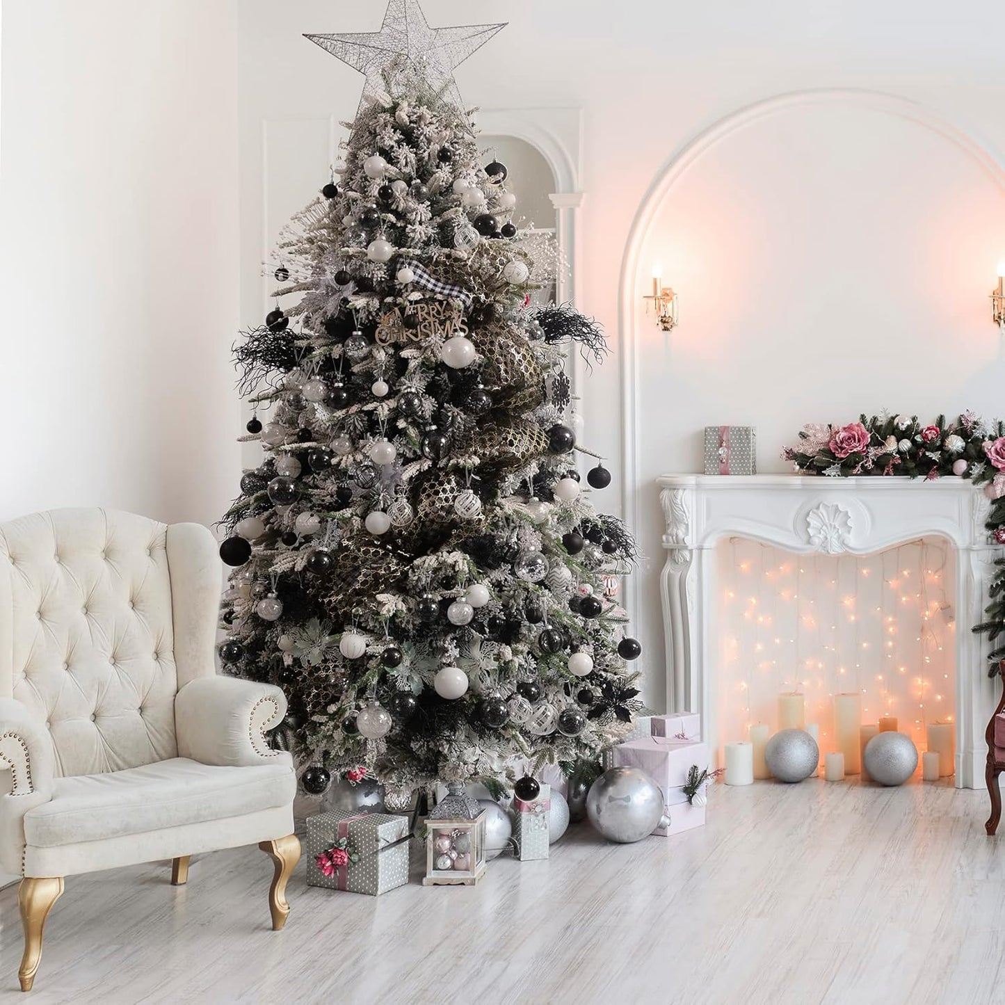 Clear Christmas Ball Ornaments,24ct Shatterproof Plastic Decorative Christmas Ornaments Hanging Xmas Tree Baubles Set with Stuffed Delicate Glittering Decorations for Holiday Party Home Decor(White)