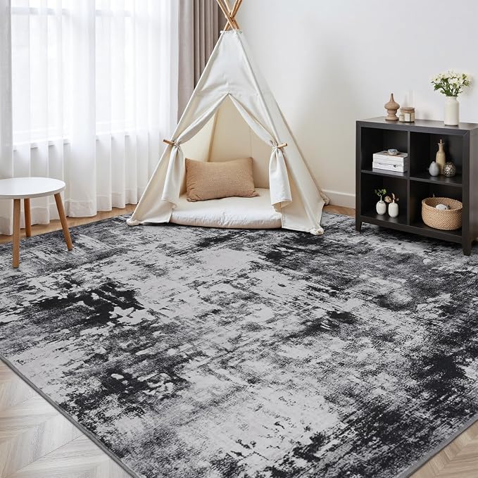 Rugflix 5x8 Area Rugs for Living Room, Washable Large Rug Stain-Resistant Low Pile, Modern Dark Carpet for Dining Room Home Office Kid Room Nursery Bedroom, Black Grey