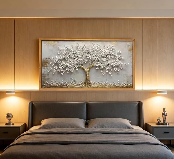 Framed 3D Texture Large Tree of Life Canvas Wall Art Gold and White Flower Big Tree Painting Picture Wall Decor Botanical Floral Poster Print Artwork for Living Room Dining Bedroom