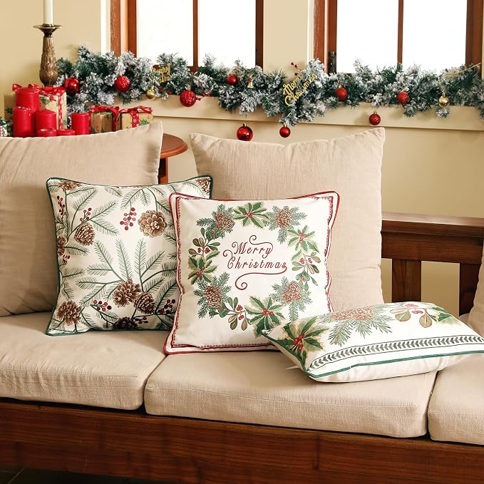 ISAENNE French Chrismas Velvet Throw Pillow Cover,Set of 4-Carol ABCF | Vintage Elegant Pillow Cover,Concealed Zipper Design,Pinecones Pattern,Sofas,Bedroom,Living Room,Lounge Chairs