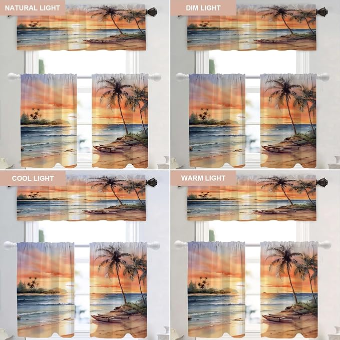 Shrahala Sunset Beach Blackout Curtain Tiers, Tropical Seaside Scene Kitchen Valance Light Blocking Tier Drapes with Rod Pocket, 2 Pack 26 X 36 in