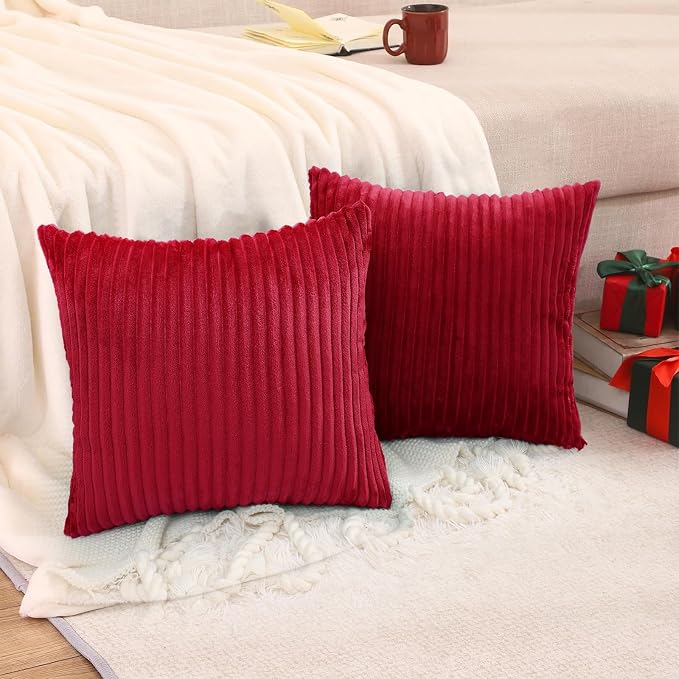 Simmore Decorative Fall Throw Pillow Covers 16x16 Set of 2, Soft Natural Plush Flannel Double-Sided Fluffy Couch Pillow Covers for Sofa Living Room, Red