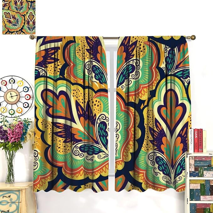 Modern, Minimalist Blackout Curtains; Vintage Bohemian Paisley and Floral Patterns; for Bedrooms, Living Rooms, and Kitchens52X84 Inch