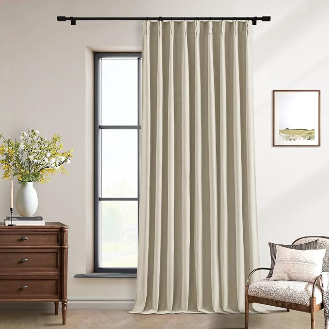 Pinch Pleat Flax Linen Blackout Curtains 120 Inch Length Extra Wide 60 Inch Width for Living Room Sliding Glass Door Pleated Back Tab Thick Burlap Memory Trained Window Drapes Taupe 60x120 1 Panel