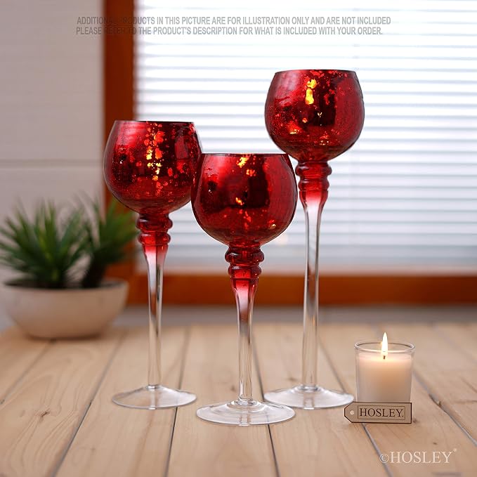 Hosley Set of 3 Crackle Red Glass Tealight Holders - 12 Inch, 10 Inch, 9 Inch Ideal for Weddings Special Events Parties Also Makes a Great Gift