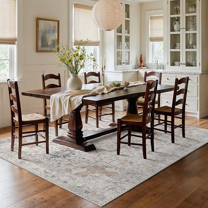 GENIMO 4x6 Area Rugs for Living Room, Machine Washable Low Pile Vintage Rugs, Non Slip Lightweight Print Rug for Bedroom, Dining Room, Home Office, Light Taupe Brown