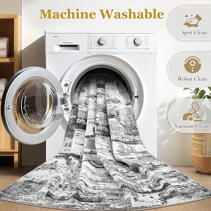 4ft Round Area Rugs for Living Room: 4x4 Abstract Washable Rug Modern Large Soft Stain Resistant Non-Slip Backing Machine Table for Bedroom Dining Room Indoor Home Office Carpet - Black Grey