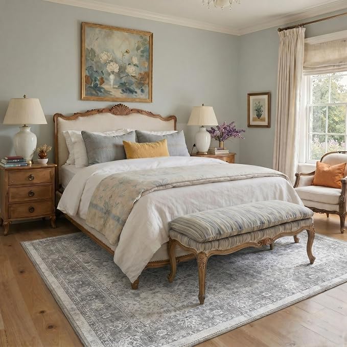 Bavni 2x6 Rug Runners for Hallways, Washable Runner Rug Non Slip,Vintage Floral Print Style Rugs for Bedroom-Lightweight Low Pile Carpet for Hallways Bathroom, Grey Floral