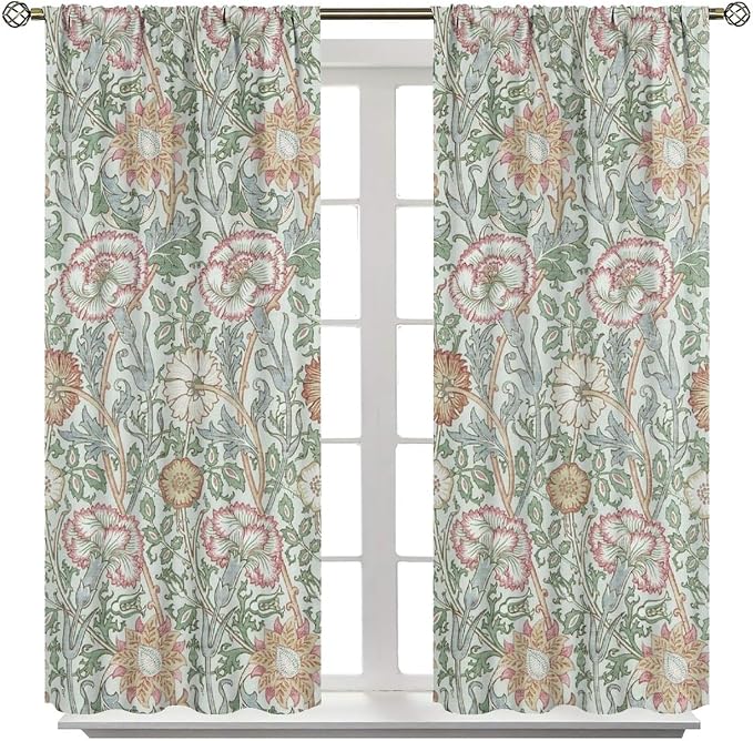 William Morris Floral Window Curtains, Watercolor Vintage Flower Art Style Blackout Window Treatments, for Bedroom Living Room 21(W)*54(L) 2 Panels