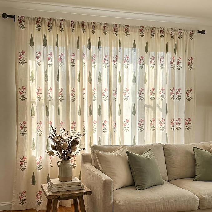 ATOSII 100% Cotton Single Panel Block Print Curtain, Easy Hanging with Rod Pocket & Loop, Living Room, Dining Room, Bedroom Light Filtering Boho Curtains, Set of 1, 60" W X 84" L, Cypress
