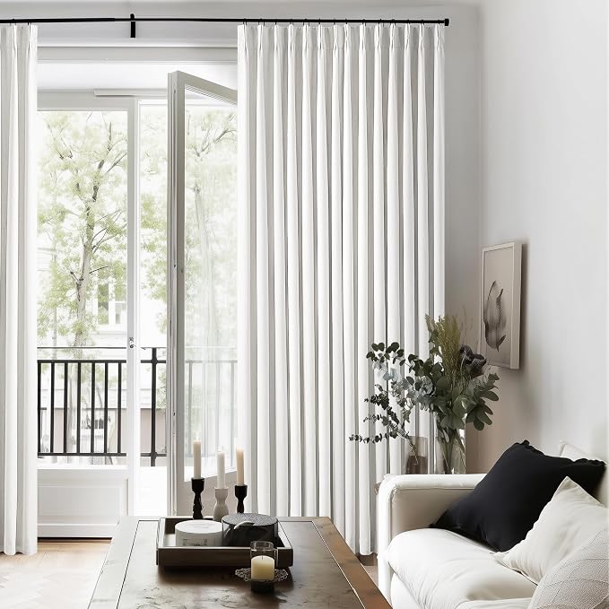 Off White Pinch Pleated Linen Blackout Curtains 80 Inch Length 2 Panels Thermal Insulated Full Blackout Dual Layer Drapes for Bedroom Living Room Darkening Pinch Pleat Curtains Hooks Rings 40x80