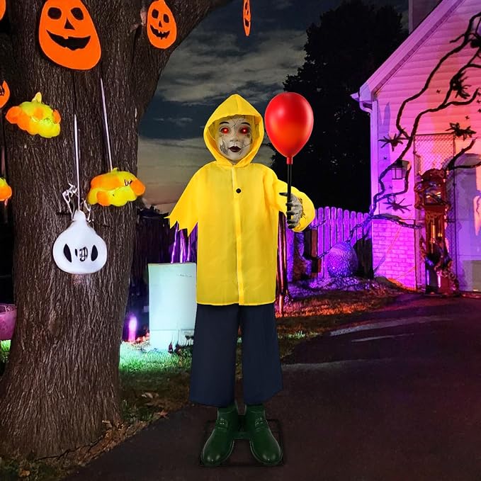 Halloween Decorations Outdoor - 4 Ft Life Size Halloween Animatronics Prop with Sound & Touch Activated Sensor and Light Up Balloon - Spooky Scary Decor for Home Indoor Garden Lawn Yard Grave Party
