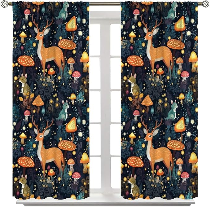 Fantasy Plant Curtains,Cute Woodland Deer Forest Animal Floral Mushroom Print Window Treatments for Bedroom Living Room Study Window Drapes 2 Panels Set,Total Size 63 x 72 Inch
