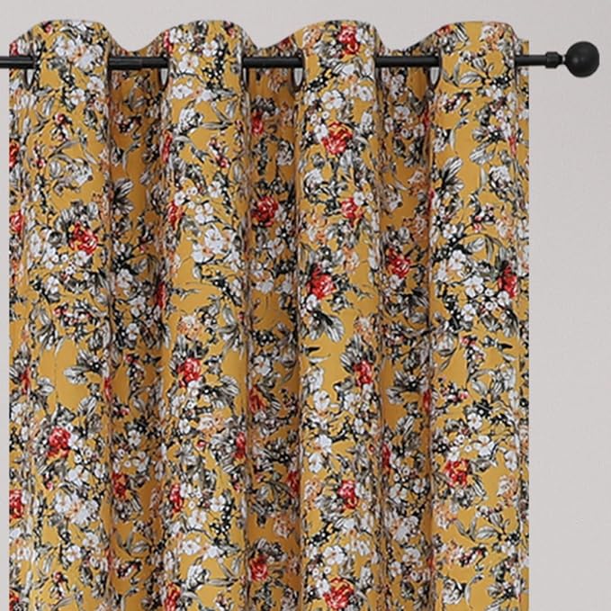 Estelar Textiler Mustard Yellow Velvet Blackout Curtains for Bedroom 84 Inches Long, Boho Floral Printed Thermal Insulated Room Darkening Grommet Drapes for Living Room/Farmhouse, 52Wx84L, 2 Panels