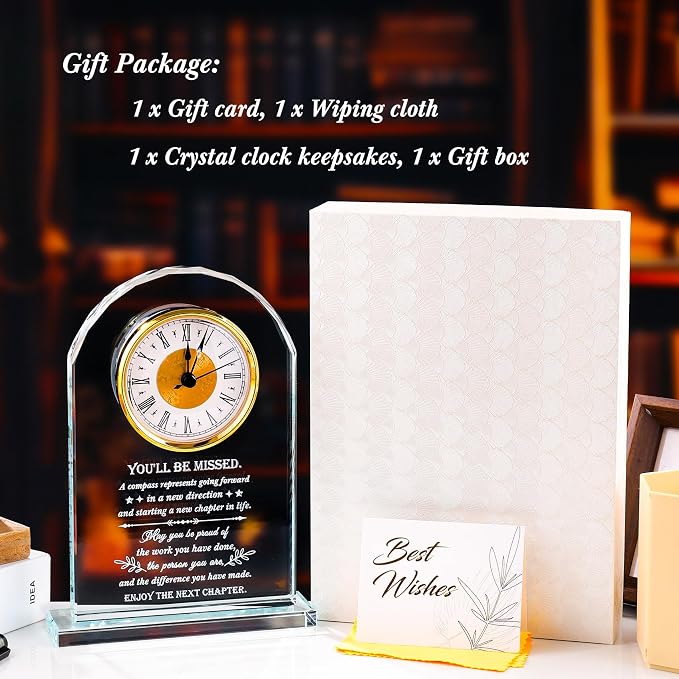 Retirement Gifts for Woman Men, Crystal Clock Plaque Keepsakes Decor, Coworker Leaving Gift for Women, Farewell Going Away Goodbye Gifts for Friends Doctor Nurse Boss Teacher, You Will Be Missed