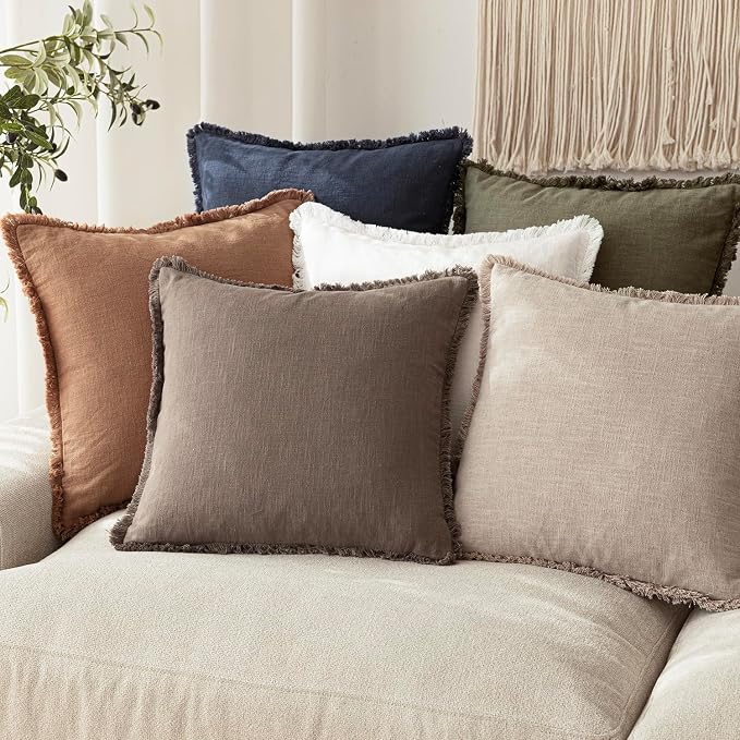 Foindtower Set of 2 Decorative Linen Fringe Lumbar Throw Pillow Covers Farmhouse Cushion Cover with Tassels Accent Pillowcase for Couch Sofa Bed Living Room Home Decor,12×24 Inch,Natural Linen